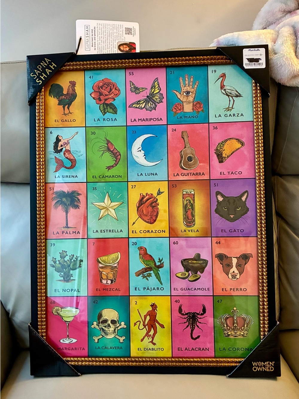 RARE Sapna Shah Lotería Framed Wall Art (24x18) colorful bingo/tarot collage NWT